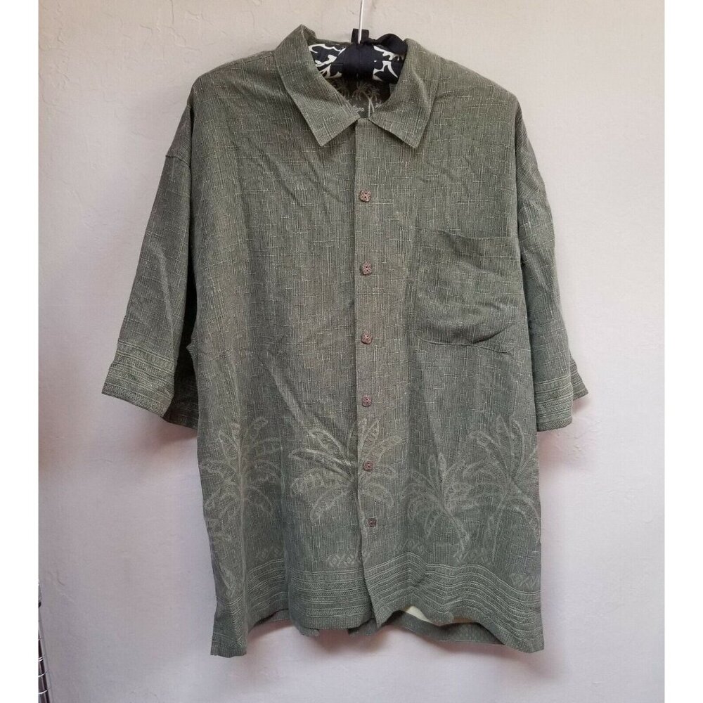 Montego Mon Mens Button Up Hawaiian Shirt Large Silk Palm Tree Print Gray Casual